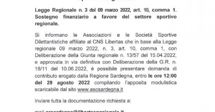 AVVISO: Contributi destinati al settore sportivo regionale LR 3 del 9 marzo 2022, art. 10, comma 1