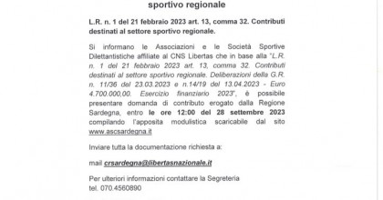 Domanda Contributi destinati al settore sportivo regionale  L.R. n. 1 del 21 febbraio 2023 art. 13, comma 32. Contributi destinati al settore sportivo regionale.